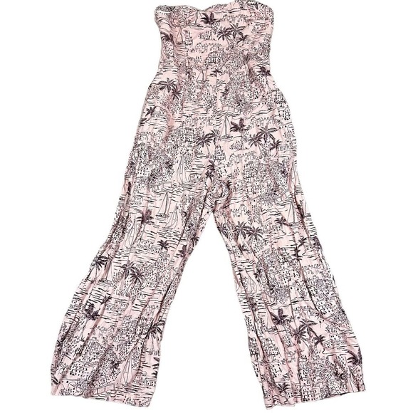ASTR THE LABEL Pink Tropical Print Strapless Wide Leg Jumpsuit Size L - Picture 2 of 9